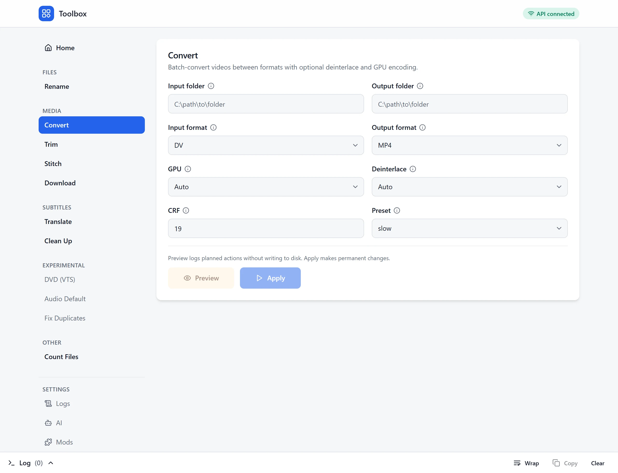 The Convert tool: input and output folders, formats, GPU and quality settings.