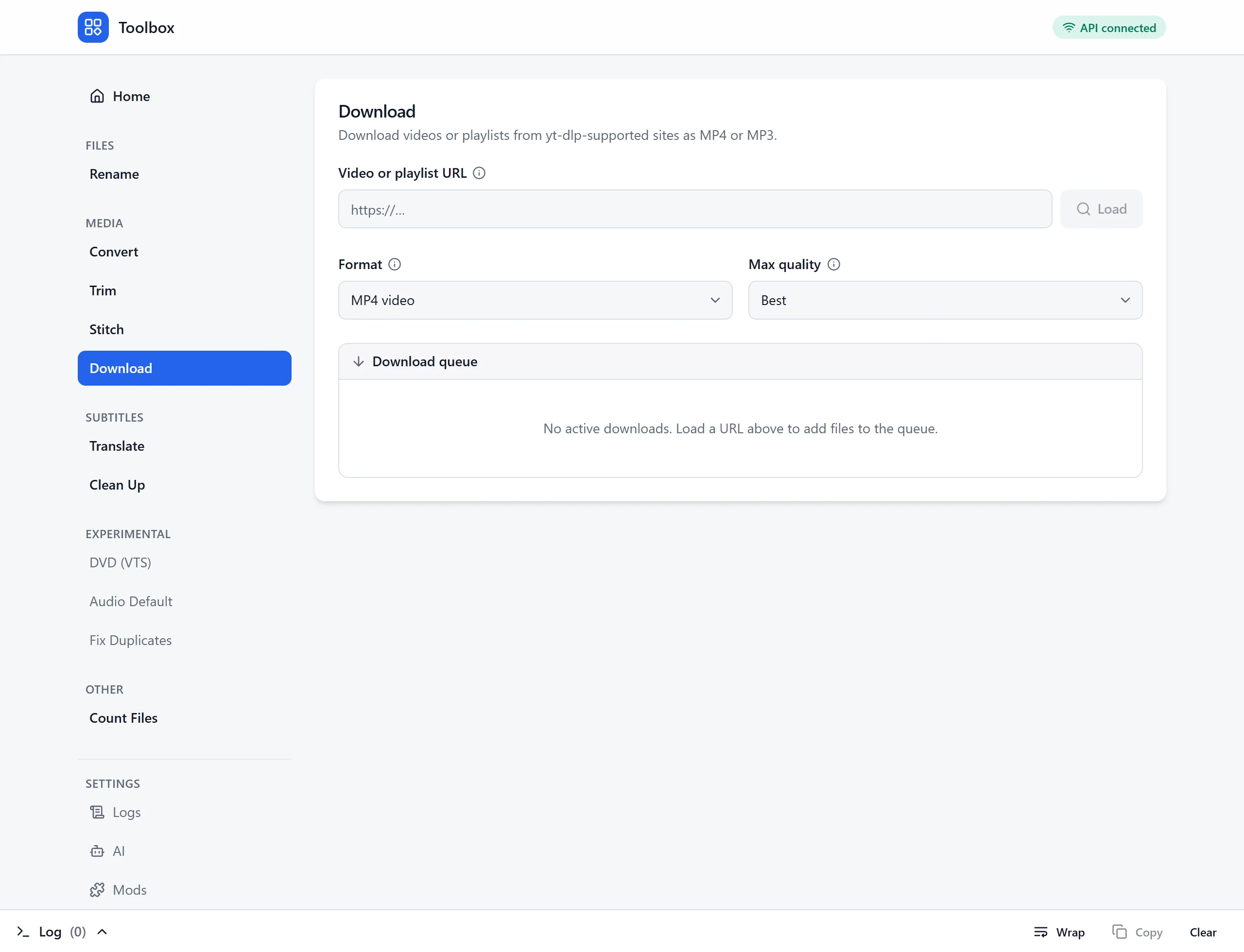 The Download tool: a link field, format and quality choices, and a download queue.