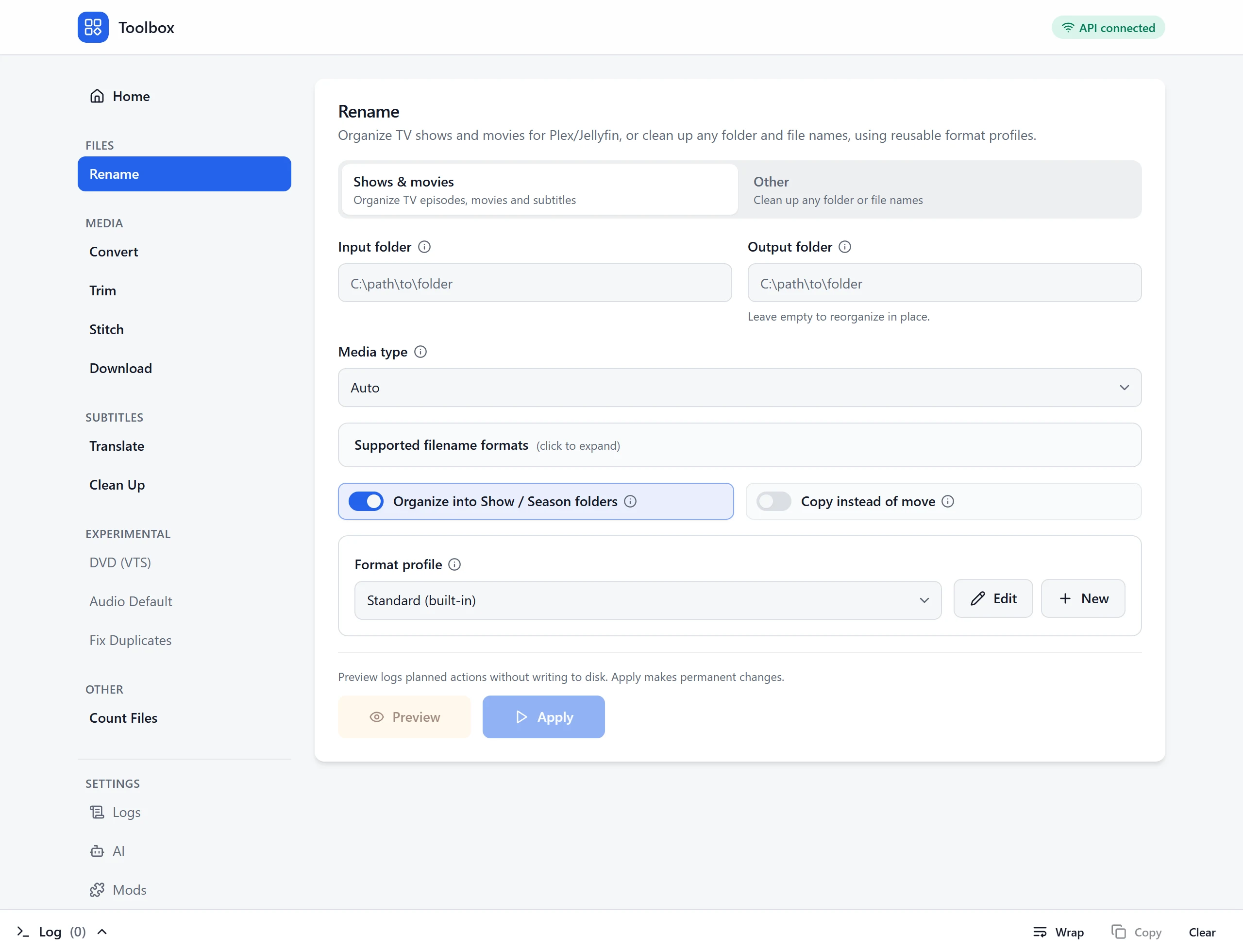 The Rename tool: a choice between Shows & movies and Other, with a format profile picker.